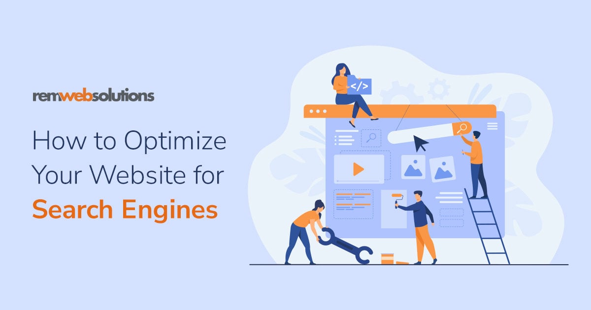 Graphic of people adding SEO updates/elements to a website. 